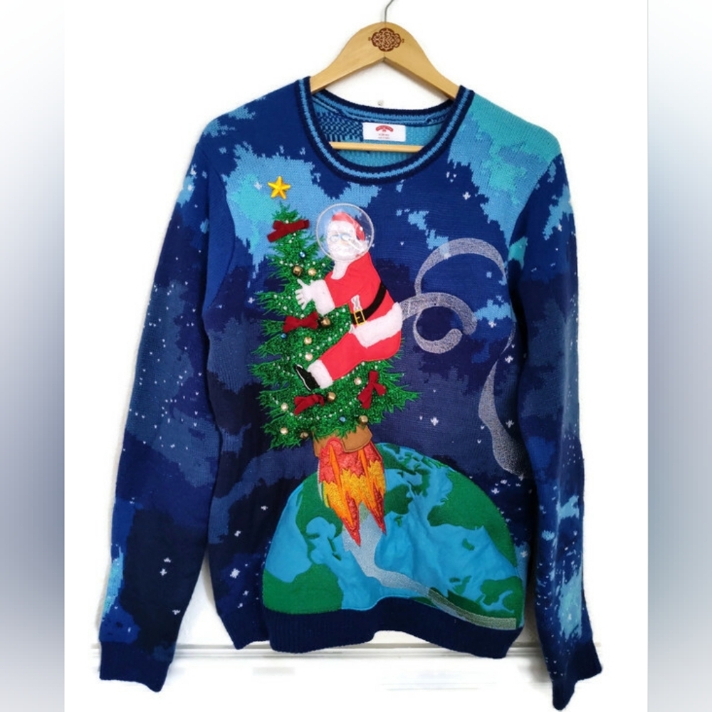 Holiday Time Ugly Sweater Christmas Santa On Tree Rocket Mens Size 38-40
